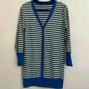 Merokeety Knit Cardigan Tunic Gray White Stripe Snap Front 3/4 Sleeve M
